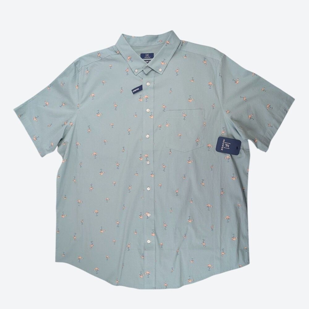 George Mens 2XL Mint Green Flamingo Short Sleeve Button Front Classic Fit Shirt